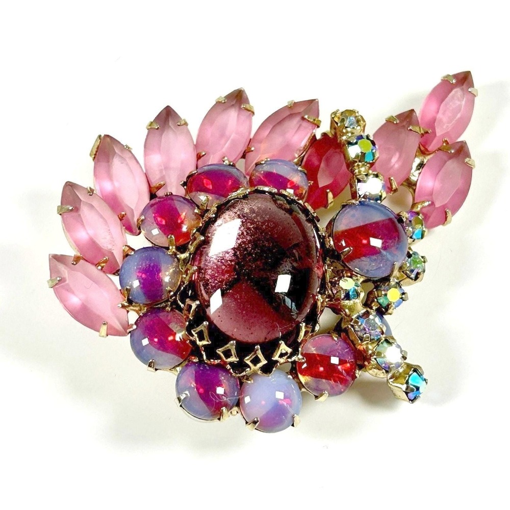 Verified Juliana D&E Brooch Pin Pink Stripe Givre Glass Rhinestone Floral 1960s